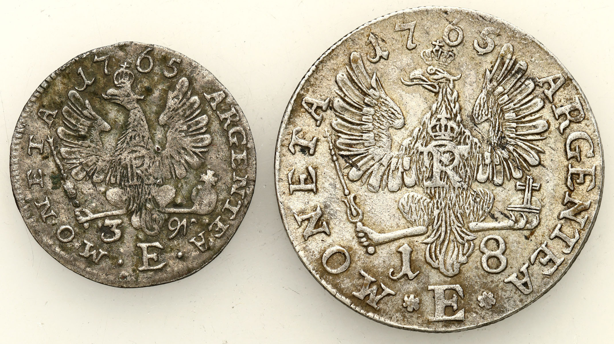Niemcy, Prusy. Fryderyk II (1740-1786). Ort 1765, 3 grosze 1765 E, Królewiec, zestaw 2 monet